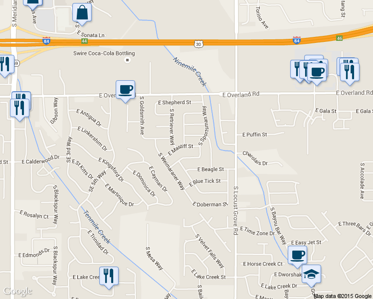 map of restaurants, bars, coffee shops, grocery stores, and more near 1235 East Mastiff Street in Meridian