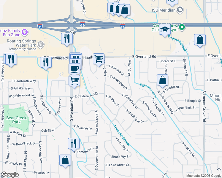 map of restaurants, bars, coffee shops, grocery stores, and more near 559 East Kingsford Drive in Meridian