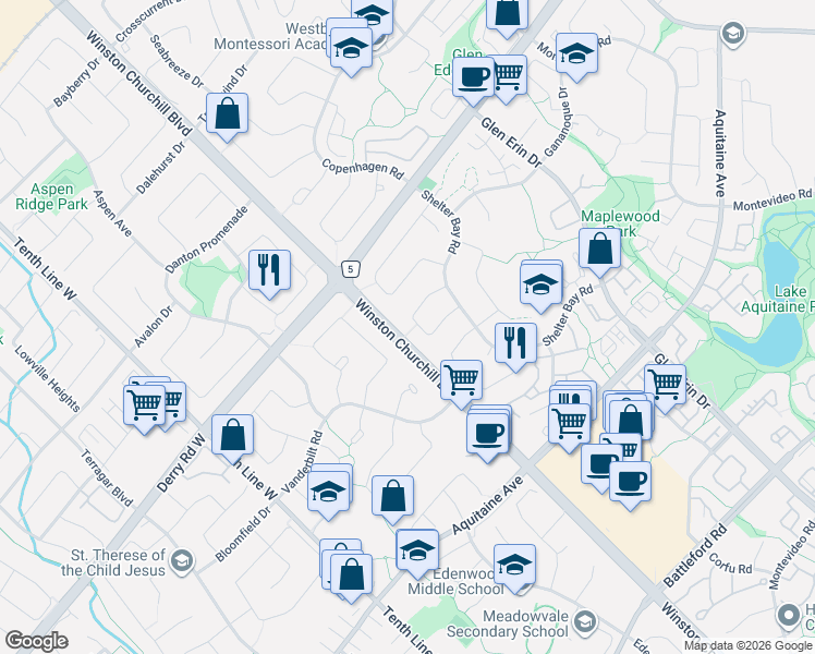 map of restaurants, bars, coffee shops, grocery stores, and more near 2951 Salerno Crescent in Mississauga