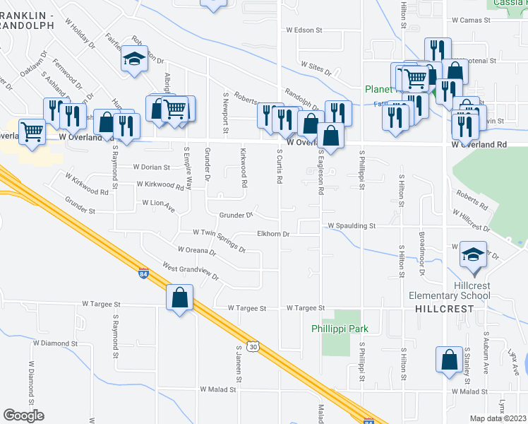 map of restaurants, bars, coffee shops, grocery stores, and more near 5818 West Grunder Drive in Boise