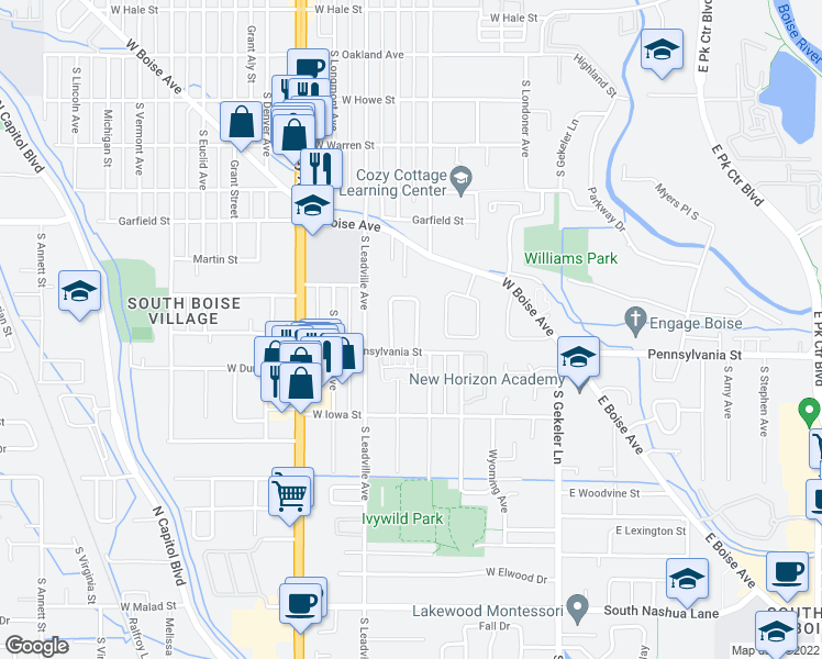 map of restaurants, bars, coffee shops, grocery stores, and more near 2071 Division Avenue in Boise