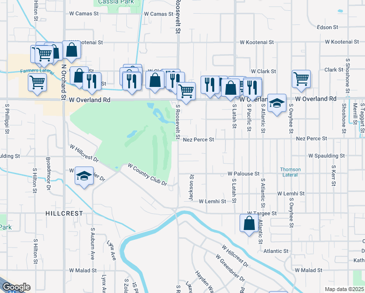 map of restaurants, bars, coffee shops, grocery stores, and more near 1805 South Roosevelt Street in Boise