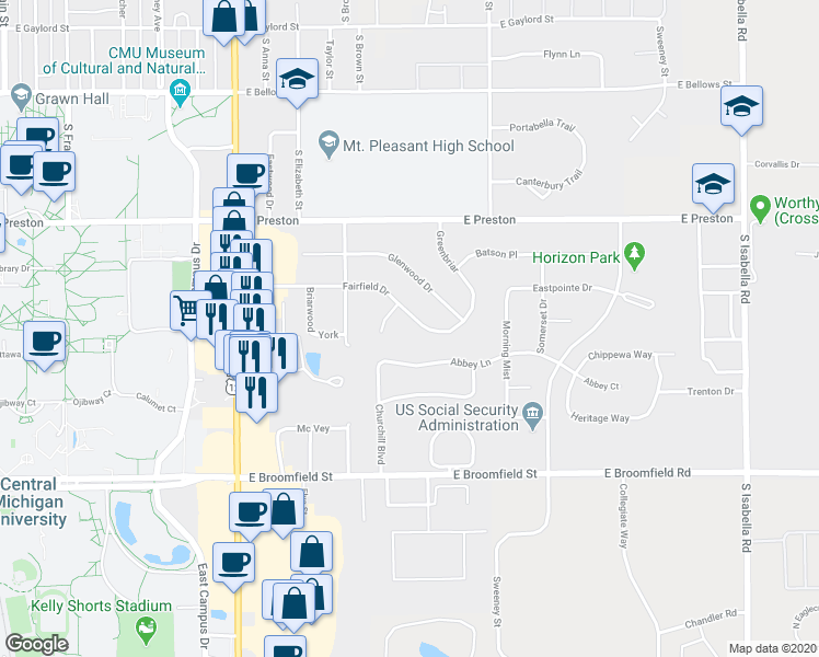 map of restaurants, bars, coffee shops, grocery stores, and more near 1200 Fairfield Drive in Mount Pleasant