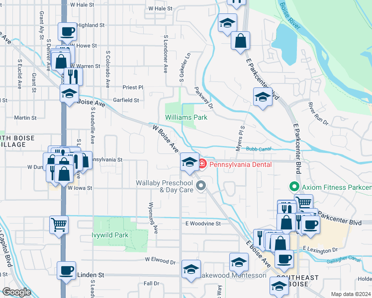 map of restaurants, bars, coffee shops, grocery stores, and more near 100106 East Boise Avenue in Boise