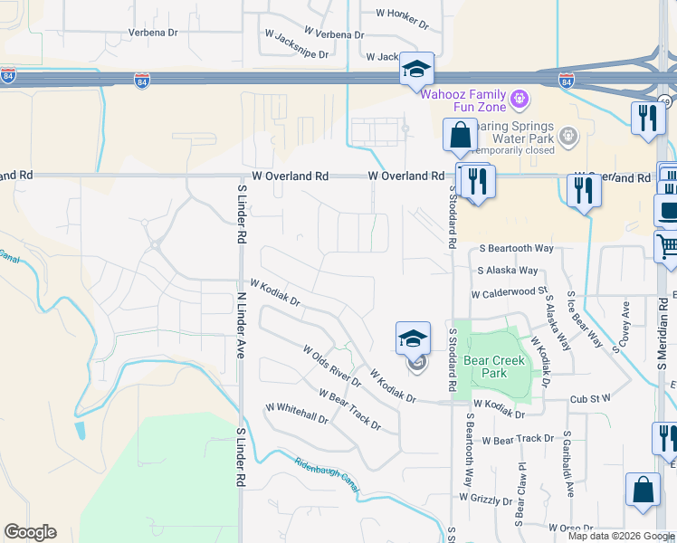 map of restaurants, bars, coffee shops, grocery stores, and more near 1222 West Elias Drive in Meridian