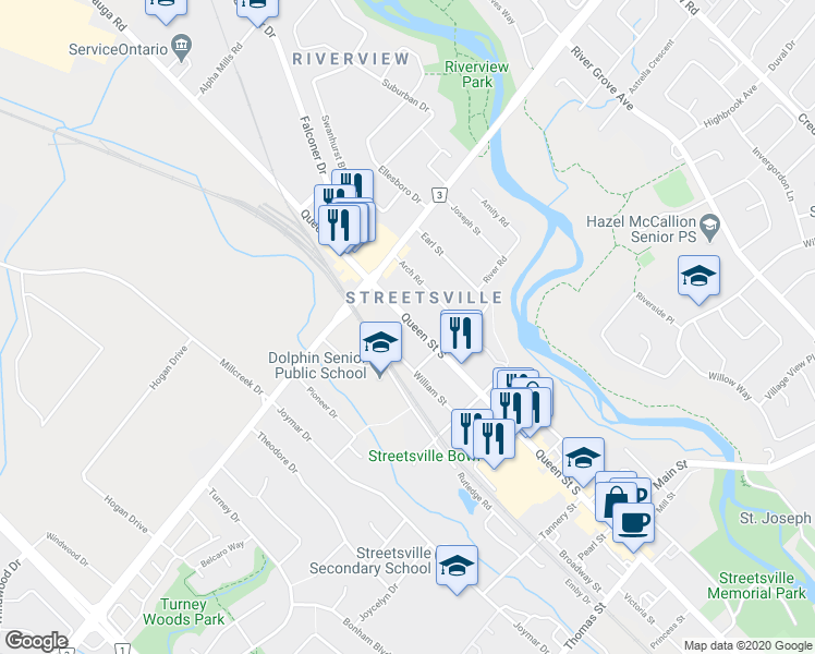 map of restaurants, bars, coffee shops, grocery stores, and more near 1 James Street in Mississauga