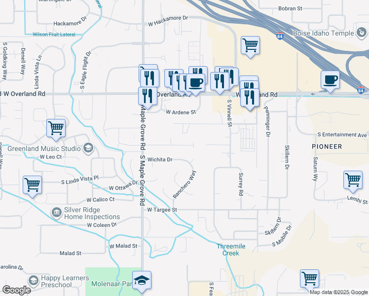 map of restaurants, bars, coffee shops, grocery stores, and more near 8735 West Mediterranean Court in Boise