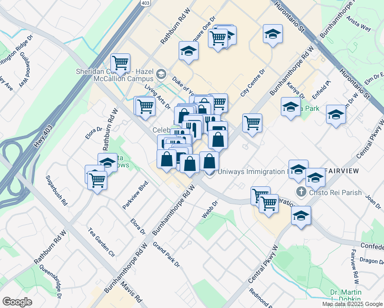 map of restaurants, bars, coffee shops, grocery stores, and more near 350 City Centre Drive in Mississauga