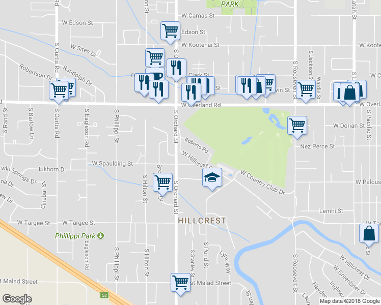 map of restaurants, bars, coffee shops, grocery stores, and more near 4900 West Hillcrest Drive in Boise