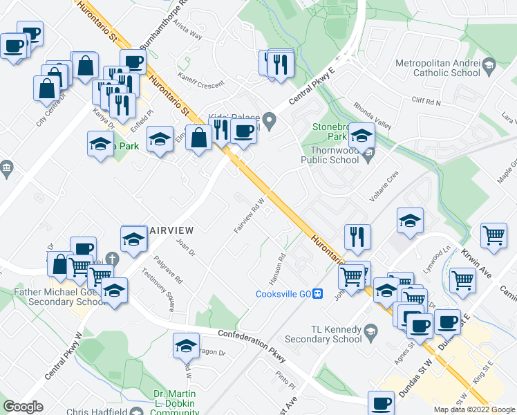 map of restaurants, bars, coffee shops, grocery stores, and more near 1-38 Fairview Road West in Mississauga