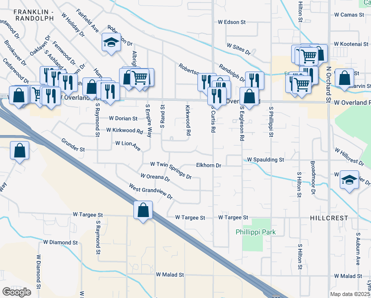 map of restaurants, bars, coffee shops, grocery stores, and more near 5950 West Grunder Drive in Boise