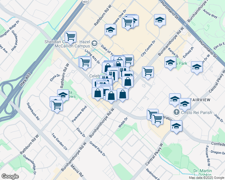 map of restaurants, bars, coffee shops, grocery stores, and more near 333 City Centre Drive in Mississauga