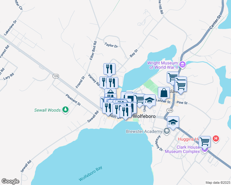 map of restaurants, bars, coffee shops, grocery stores, and more near 51 Mill Street in Wolfeboro