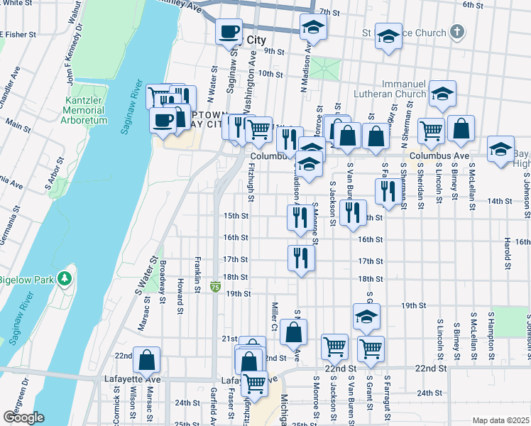 map of restaurants, bars, coffee shops, grocery stores, and more near 611 15th Street in Bay City