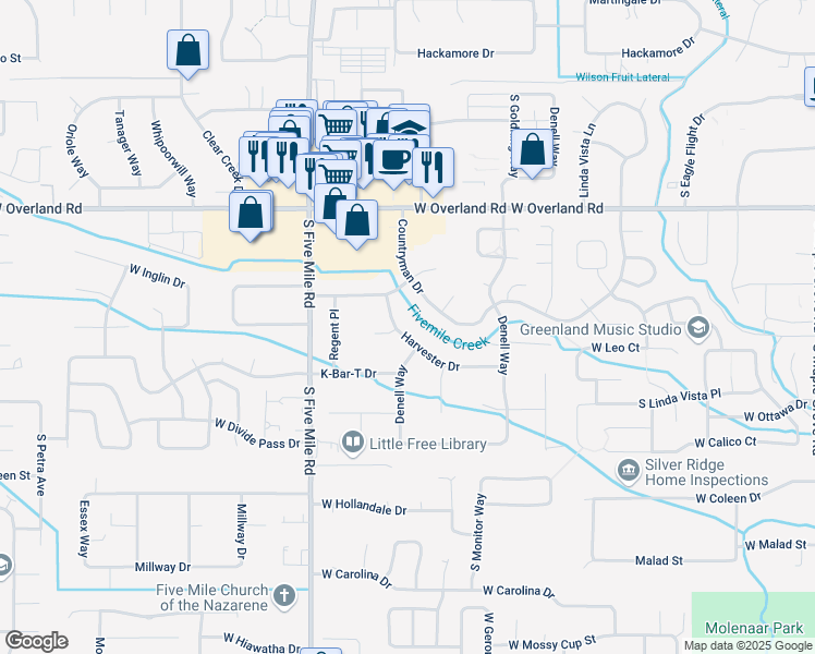 map of restaurants, bars, coffee shops, grocery stores, and more near 10306 Harvester Drive in Boise