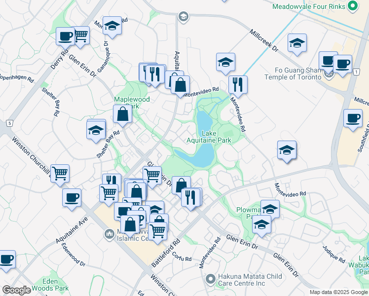 map of restaurants, bars, coffee shops, grocery stores, and more near 2700 Aquitaine Avenue in Mississauga