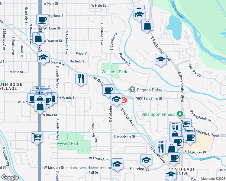 map of restaurants, bars, coffee shops, grocery stores, and more near 100106 East Boise Avenue in Boise