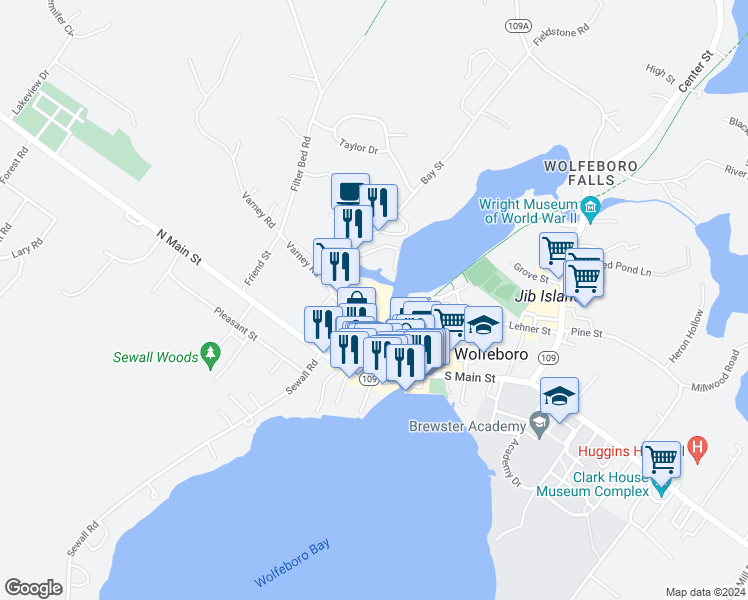map of restaurants, bars, coffee shops, grocery stores, and more near 51 Mill Street in Wolfeboro