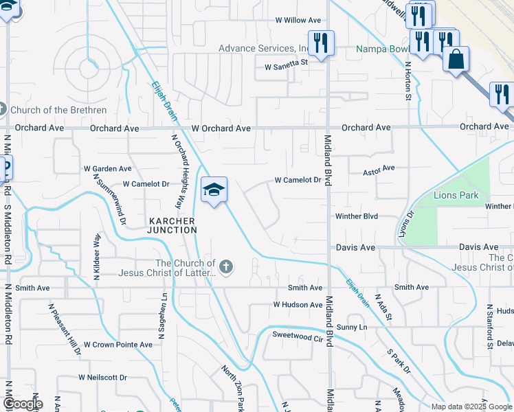 map of restaurants, bars, coffee shops, grocery stores, and more near 224 North Sherwood Drive in Nampa