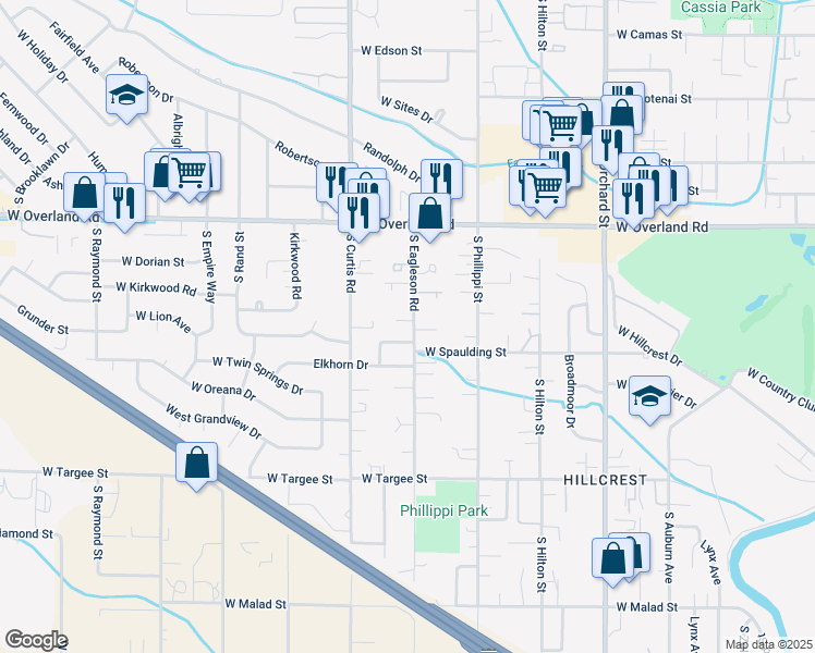 map of restaurants, bars, coffee shops, grocery stores, and more near 1849 South Eagleson Road in Boise