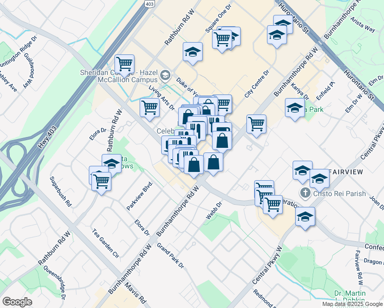 map of restaurants, bars, coffee shops, grocery stores, and more near 360 City Centre Drive in Mississauga
