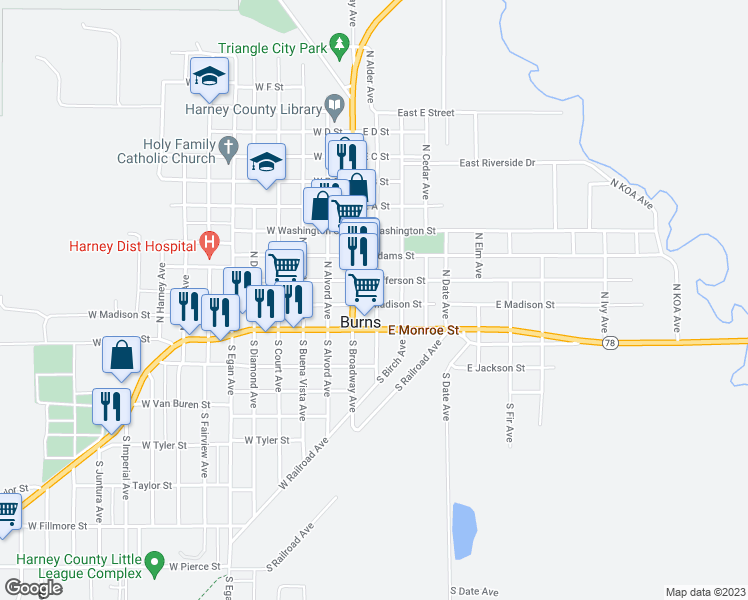 map of restaurants, bars, coffee shops, grocery stores, and more near 120 North Alder Avenue in Burns