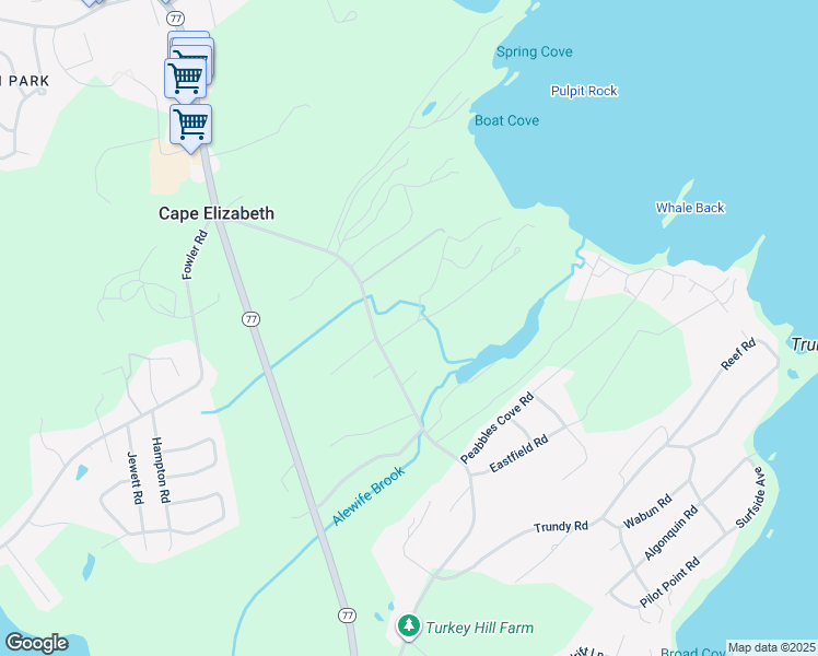map of restaurants, bars, coffee shops, grocery stores, and more near 21 Old Mill Road in Cape Elizabeth