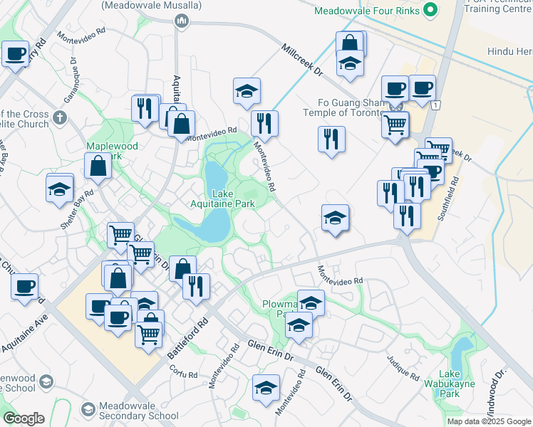map of restaurants, bars, coffee shops, grocery stores, and more near 2617 Treviso Court in Mississauga