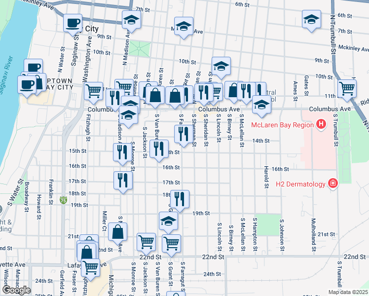 map of restaurants, bars, coffee shops, grocery stores, and more near 317 South Farragut Street in Bay City