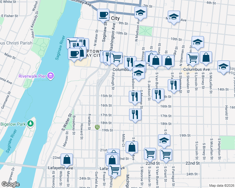 map of restaurants, bars, coffee shops, grocery stores, and more near 611 15th Street in Bay City