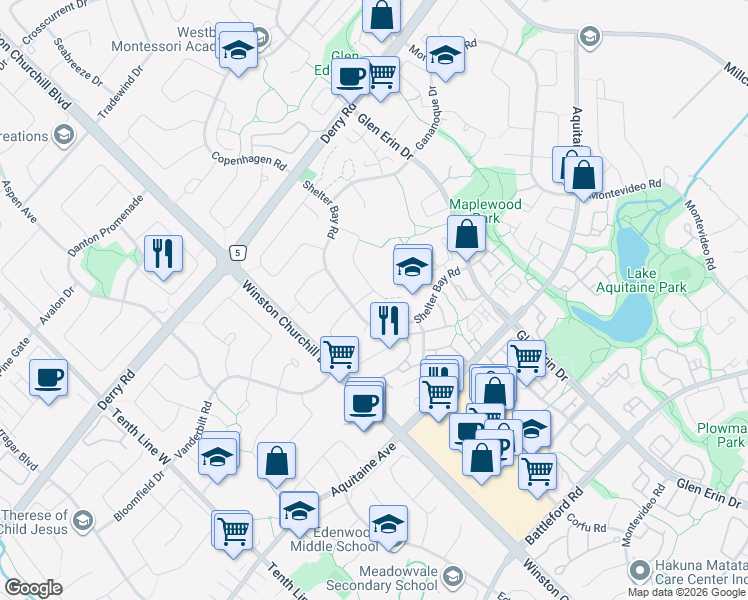 map of restaurants, bars, coffee shops, grocery stores, and more near 2887 Saint Malo Circle in Mississauga