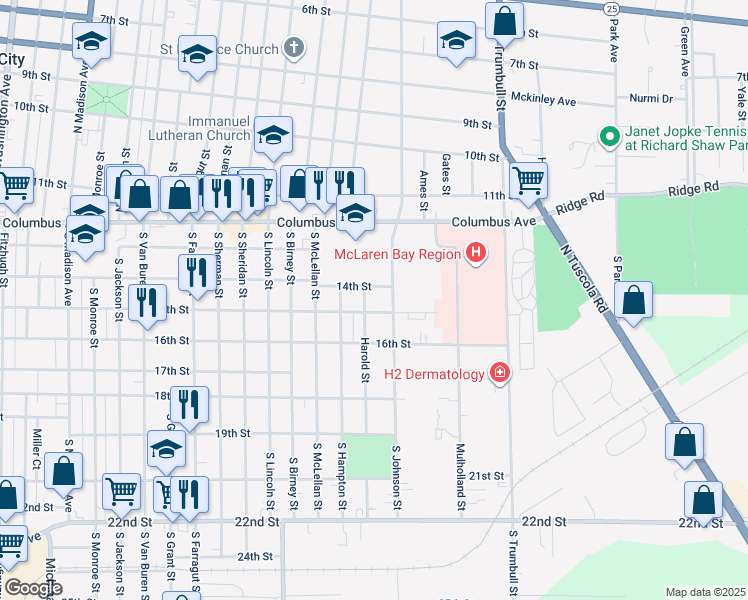 map of restaurants, bars, coffee shops, grocery stores, and more near 311 Harold Street in Bay City
