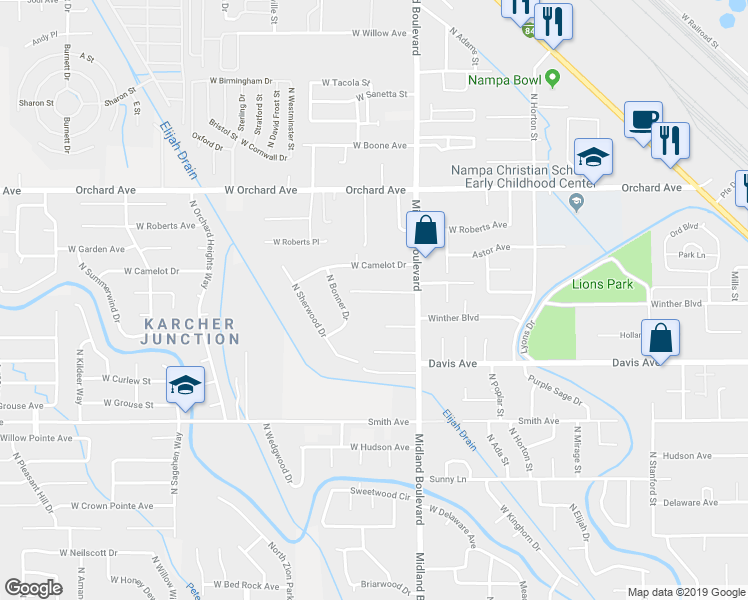 map of restaurants, bars, coffee shops, grocery stores, and more near 1113 Winther Blvd in Nampa