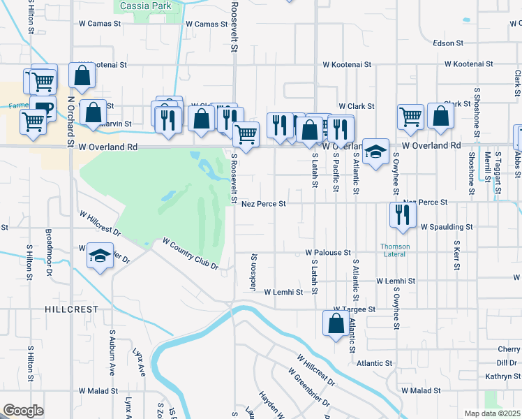 map of restaurants, bars, coffee shops, grocery stores, and more near 4017 Nez Perce Street in Boise