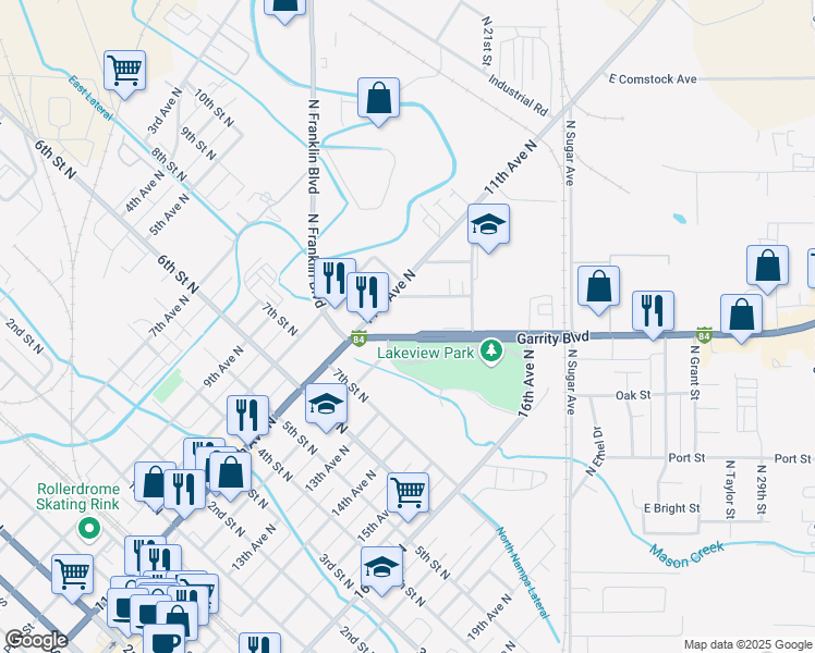 map of restaurants, bars, coffee shops, grocery stores, and more near 1200 Garrity Boulevard in Nampa