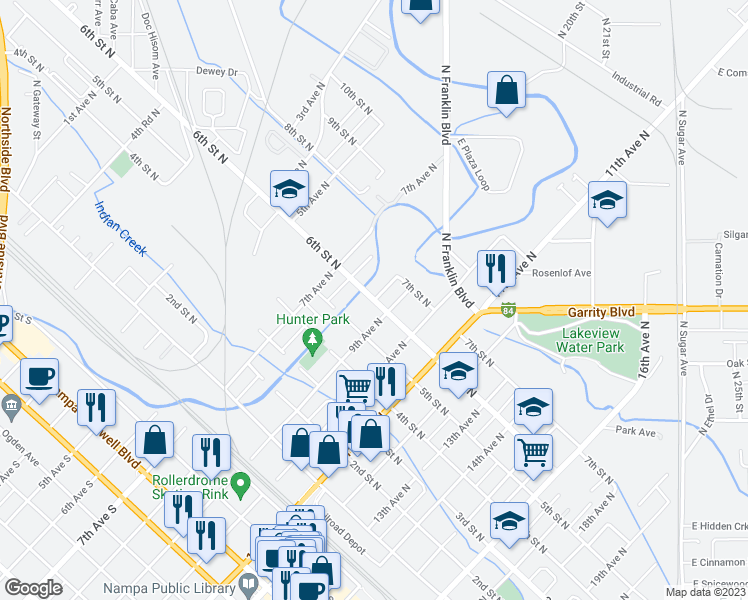 map of restaurants, bars, coffee shops, grocery stores, and more near 512 8th Avenue North in Nampa
