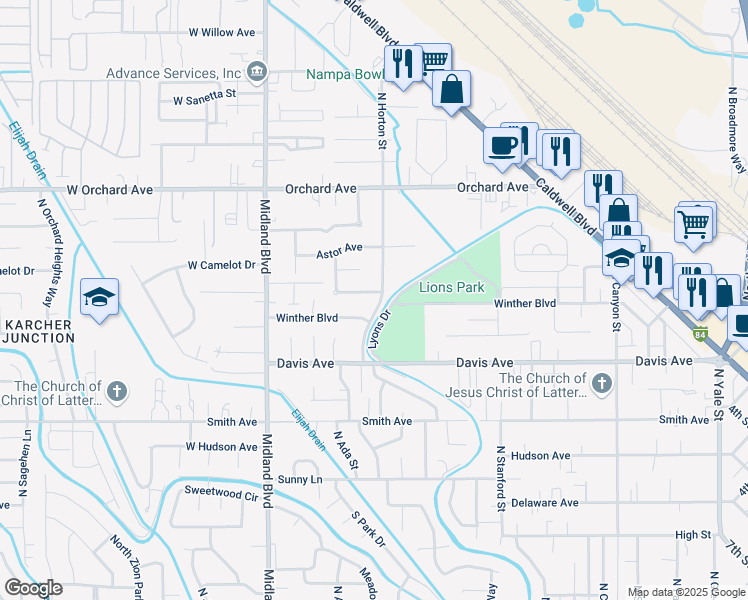 map of restaurants, bars, coffee shops, grocery stores, and more near 621 Forsythia Drive in Nampa