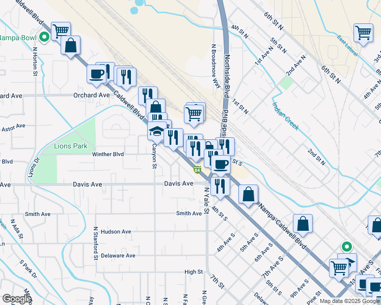 map of restaurants, bars, coffee shops, grocery stores, and more near 180 Nampa-Caldwell Boulevard in Nampa