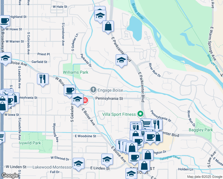 map of restaurants, bars, coffee shops, grocery stores, and more near 439 Provident Drive in Boise
