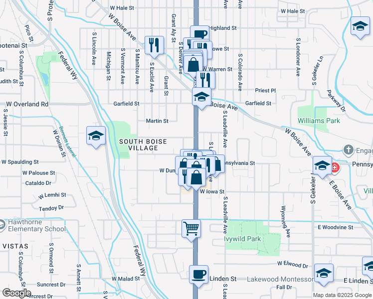 map of restaurants, bars, coffee shops, grocery stores, and more near 2020 South Denver Avenue in Boise