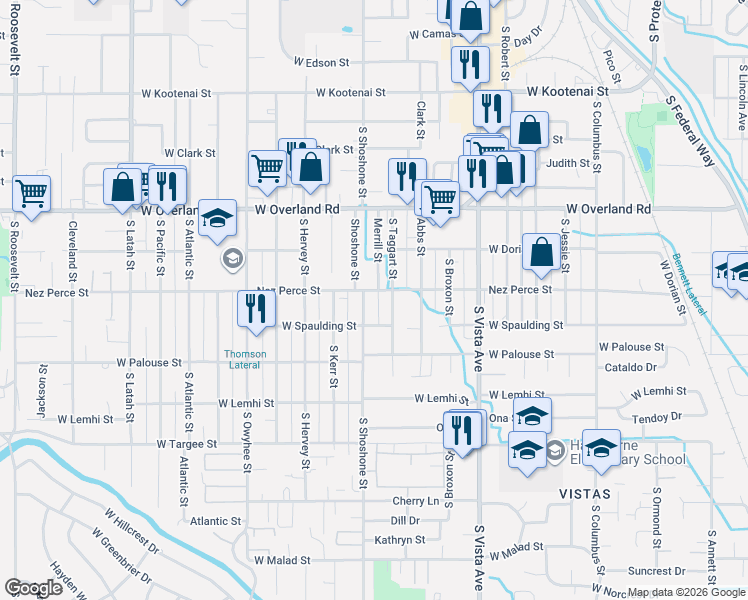 map of restaurants, bars, coffee shops, grocery stores, and more near 1810 South Shoshone Street in Boise