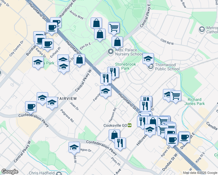 map of restaurants, bars, coffee shops, grocery stores, and more near 3355 Hurontario Street in Mississauga