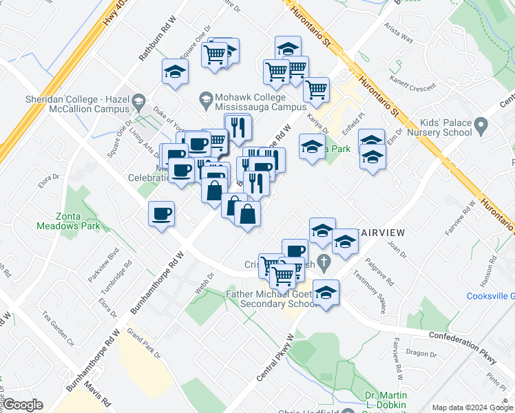 map of restaurants, bars, coffee shops, grocery stores, and more near in Mississauga
