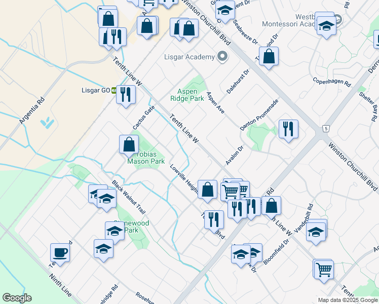 map of restaurants, bars, coffee shops, grocery stores, and more near 3348 Bruzan Crescent in Mississauga