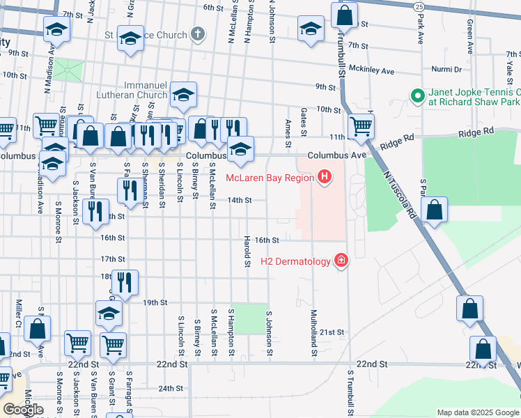 map of restaurants, bars, coffee shops, grocery stores, and more near 311 Harold Street in Bay City