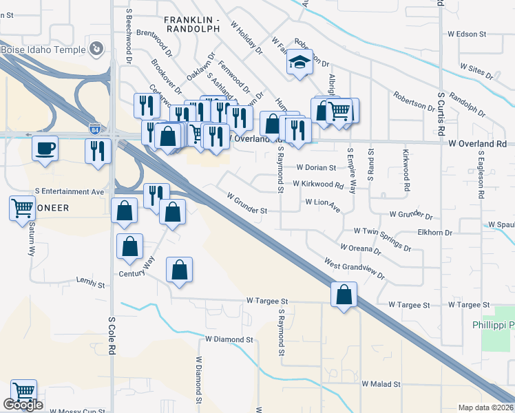 map of restaurants, bars, coffee shops, grocery stores, and more near 6702 West Grunder Street in Boise