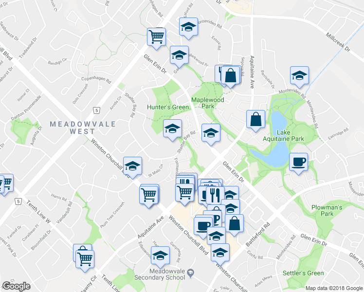 map of restaurants, bars, coffee shops, grocery stores, and more near 24 Shelter Bay Road in Mississauga