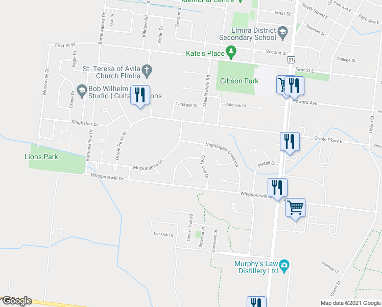 map of restaurants, bars, coffee shops, grocery stores, and more near 6 Green Warbler Crescent in Elmira