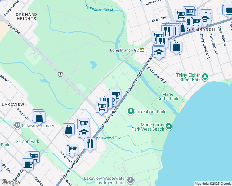 map of restaurants, bars, coffee shops, grocery stores, and more near 2000 Lakeshore Road East in Mississauga