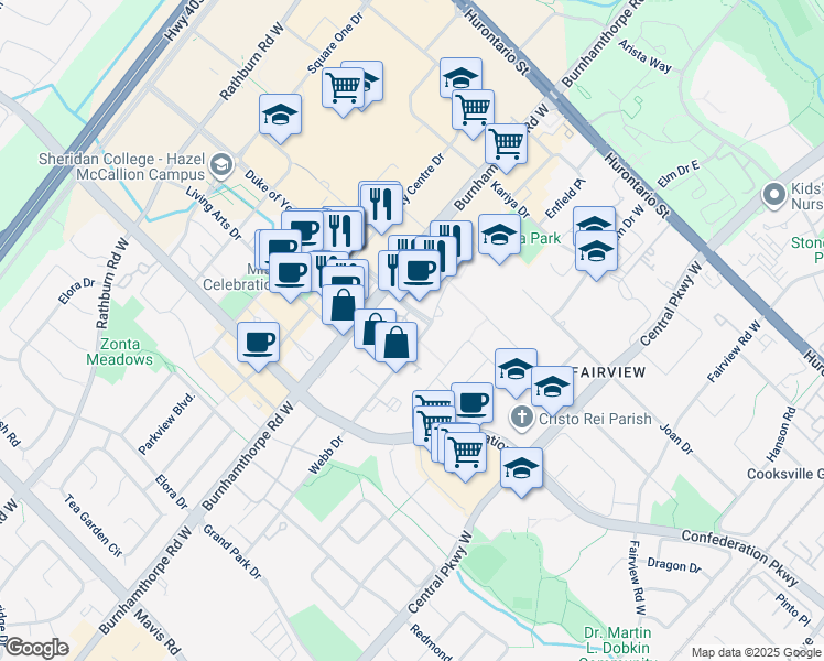map of restaurants, bars, coffee shops, grocery stores, and more near 3880 Duke of York Boulevard in Mississauga